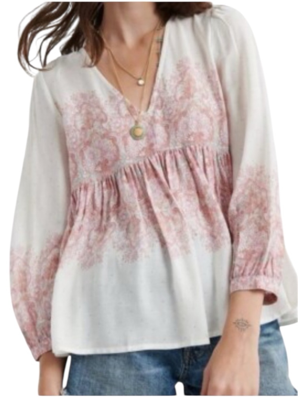 Lucky Brand White and Pink Printed V-Neck Peasant Blouse